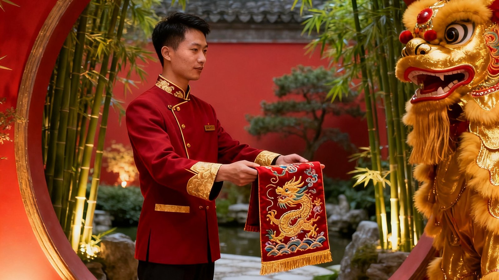 中式园林婚礼现场的贵宾接待区，金狮礼宾专员身着改良中式制服，在月洞门造型的入口处为来宾递上手工刺绣的欢迎巾，背景是红金色调的中式布置与翠竹掩映的庭院景观。